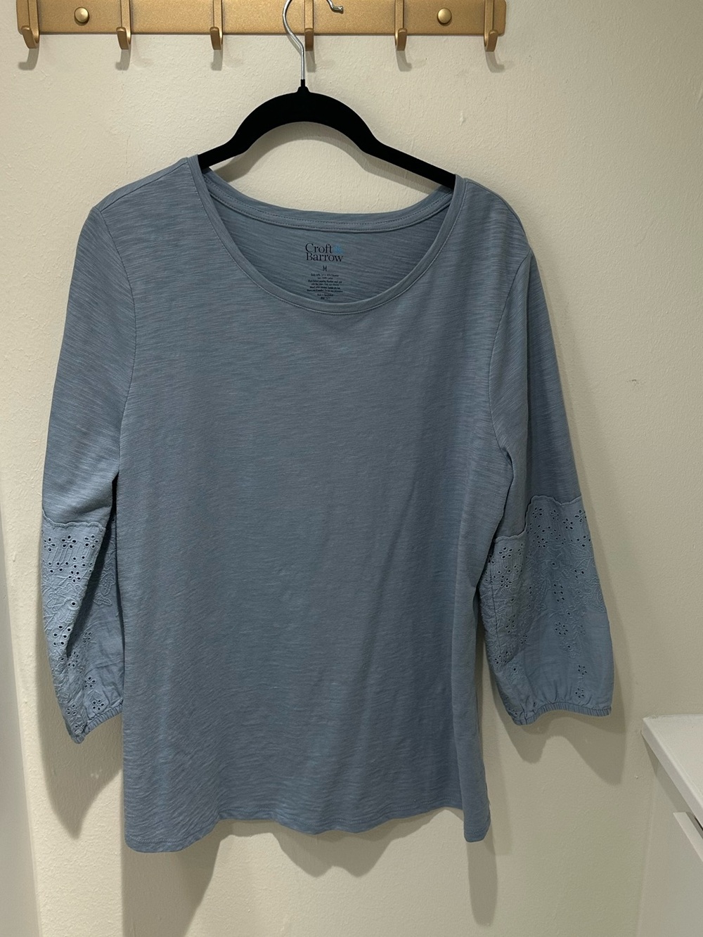 croft & barrow Light Blue Eyelet-Sleeve 3/4 Sleeve Tee